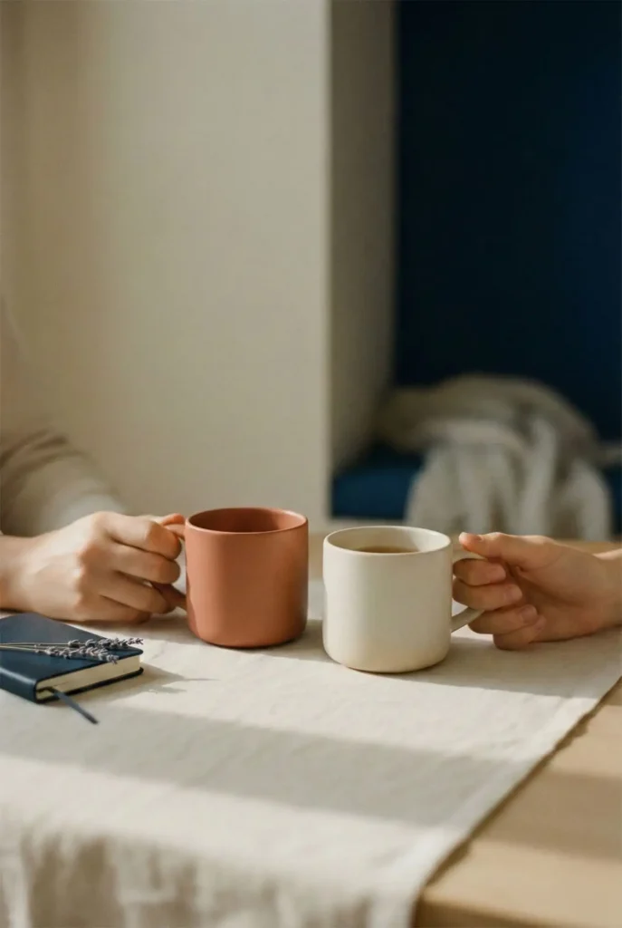 Moment de partage et d'écoute bienveillante chez En Aparté, illustré par deux mains tenant des tasses de café sur une table épurée, symbolisant un échange serein avec Dyna.
